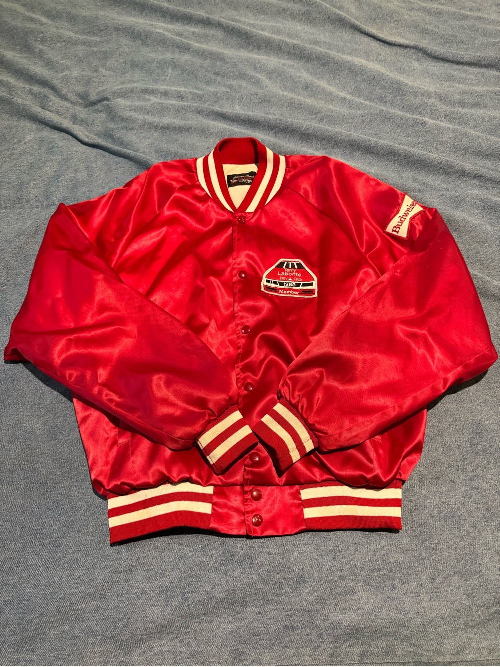 Vintage 1988 Terry Labonte Fan Club Budweiser Satin Bomber Jacket L Red